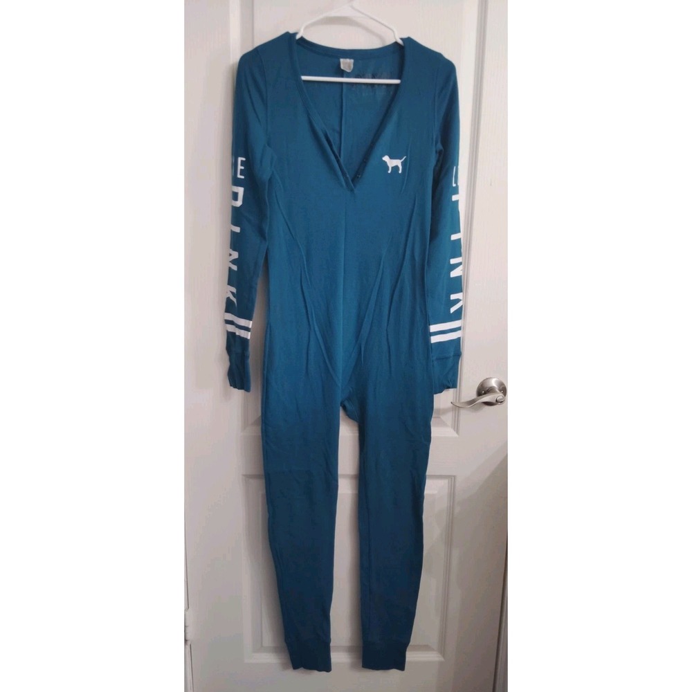 VS PINK Long Jane Pajama Medium Teal Thermal Dog Logo Union Made Sleep Back Flap